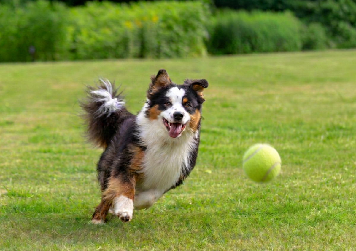 Hond rent vol energie achter een bal aan in het gras